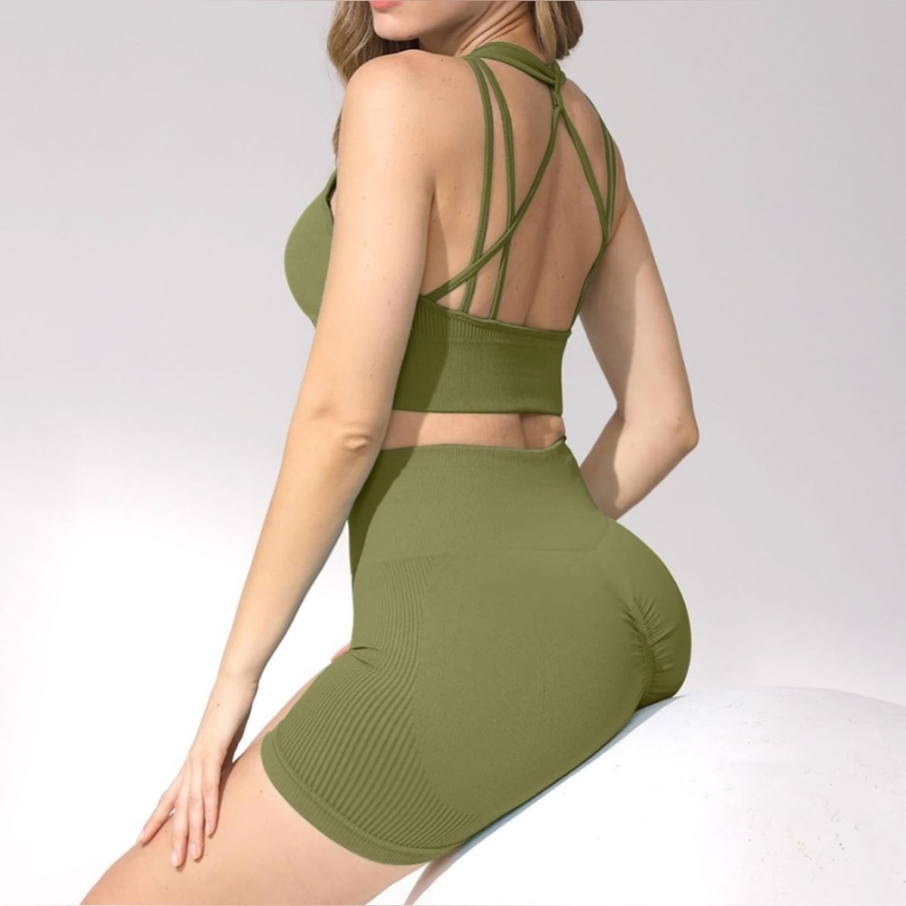 Qinsen Women's Workout 2 Piece SetBack Crisscross Backless Elastic Waist - Picture 2 of 8